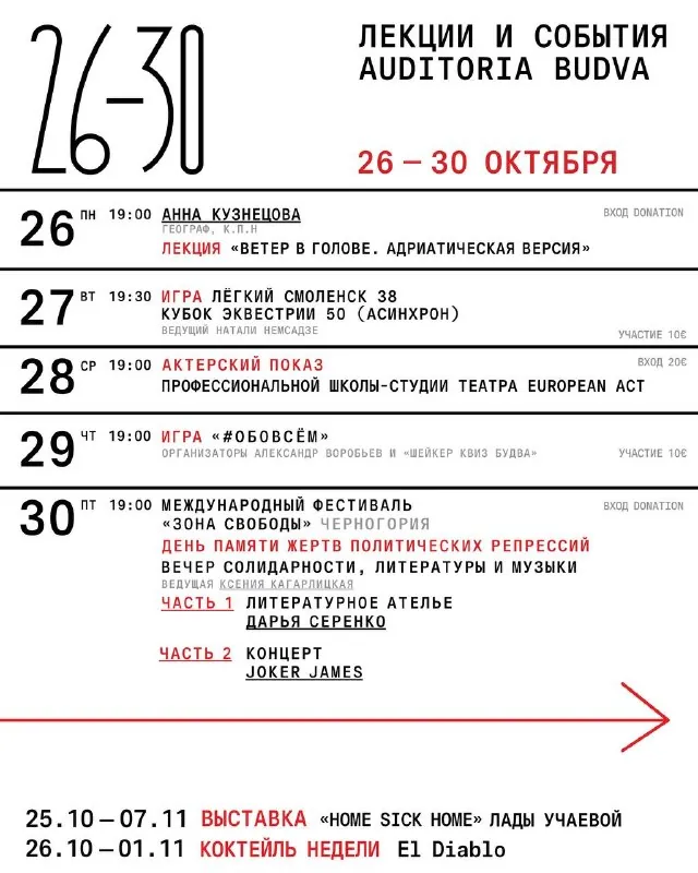 Auditoria Budva — расписание на неделю — афиша