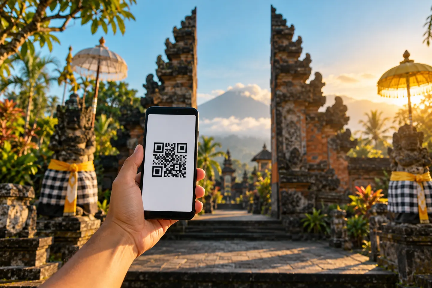 Смартфон с QR-кодом на фоне балийских ворот храма