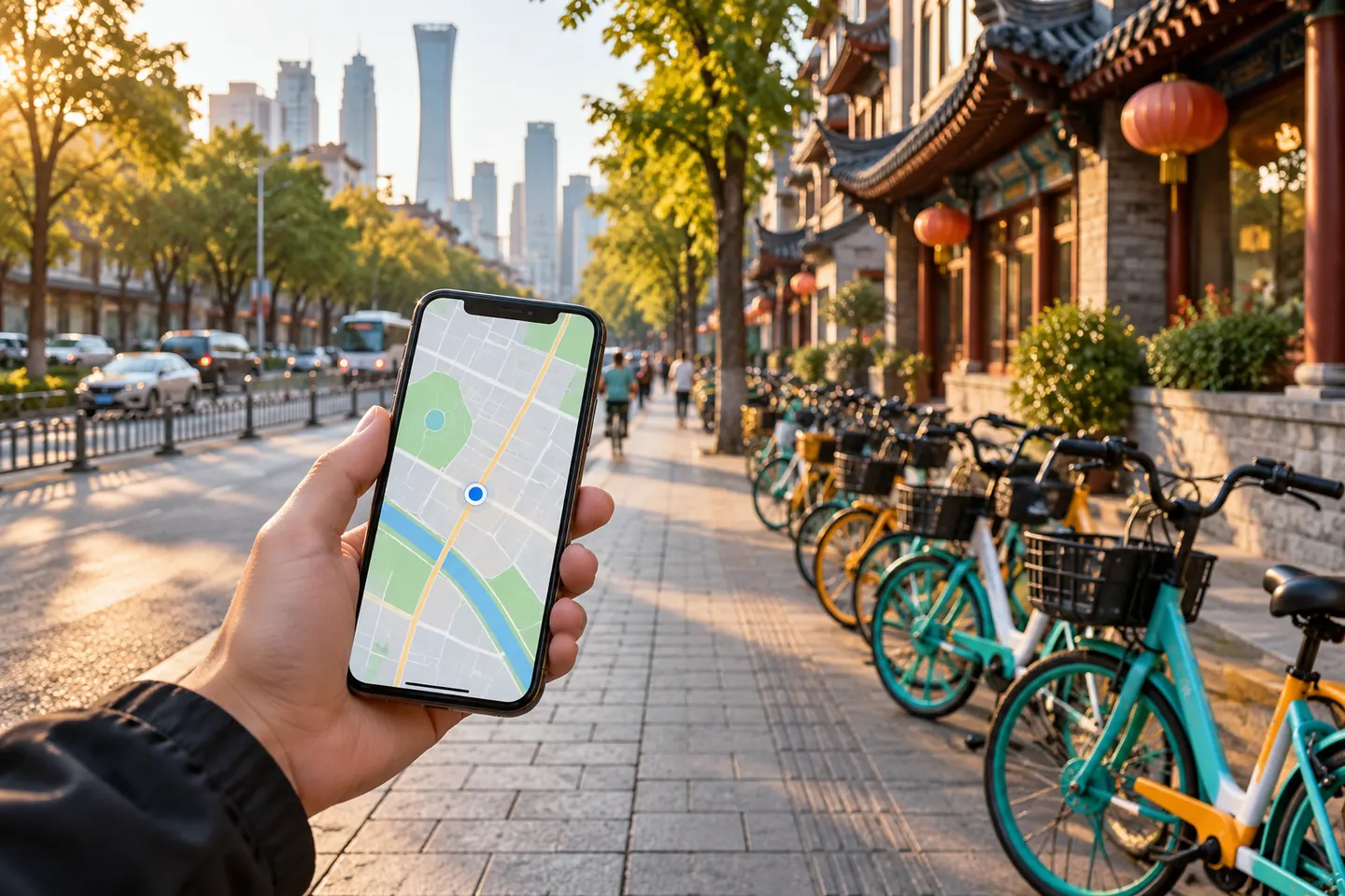 Смартфон с картой города в руке на фоне улицы с велосипедами