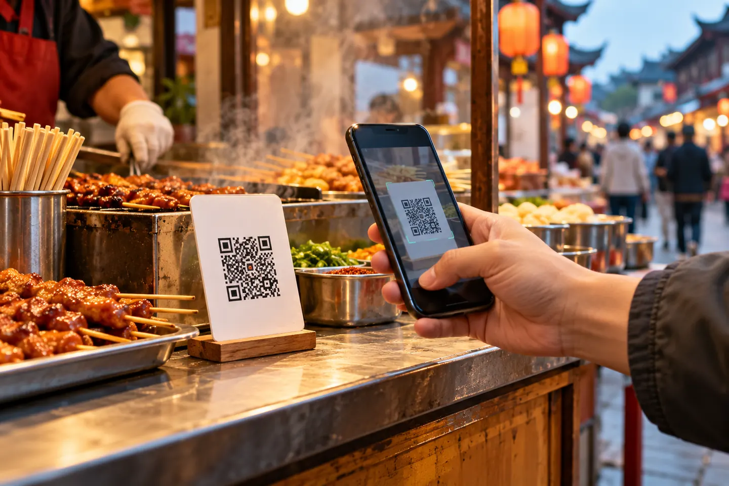 Рука со смартфоном у таблички с QR-кодом на прилавке уличного рынка