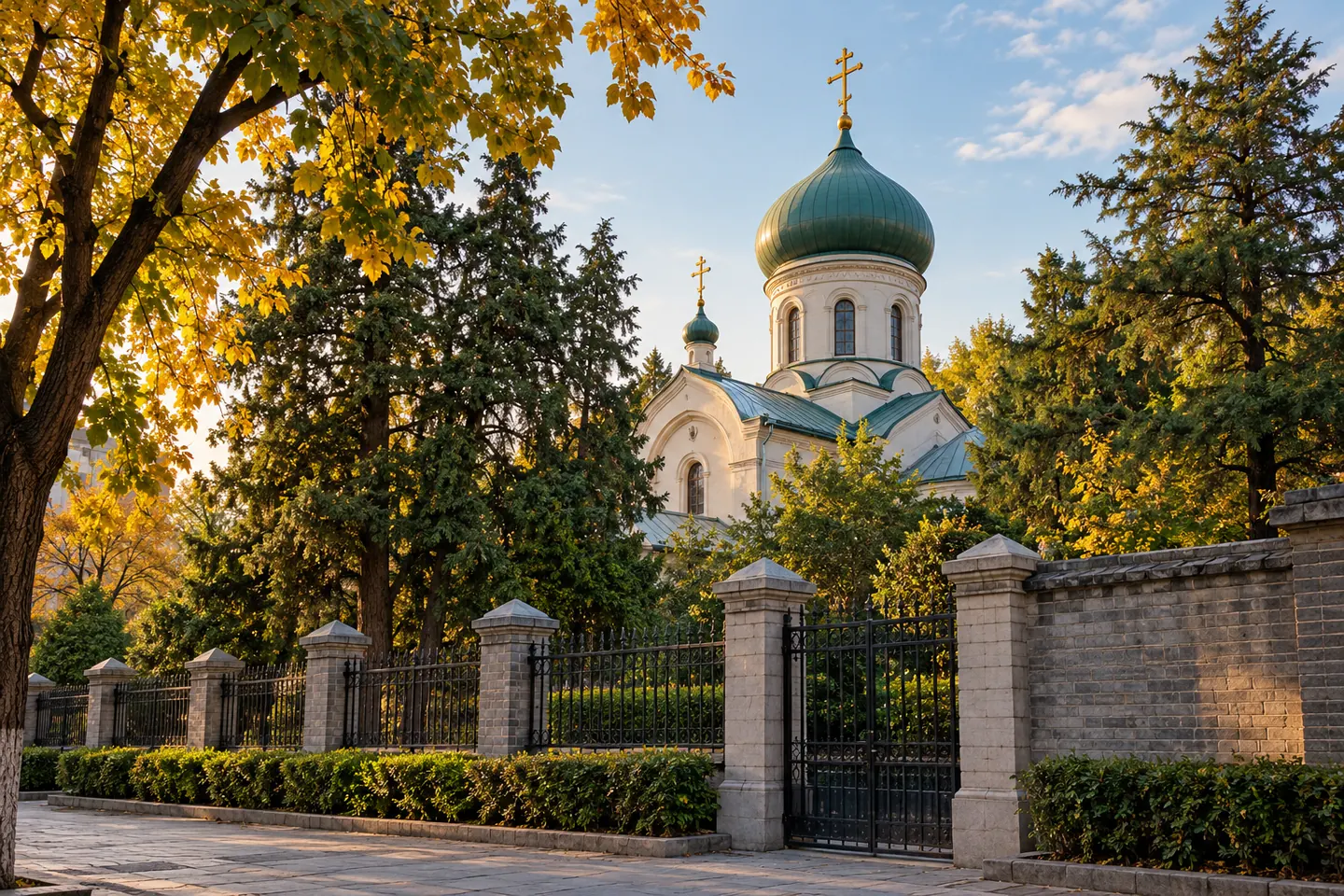 Православный храм с зелёным куполом среди деревьев за оградой