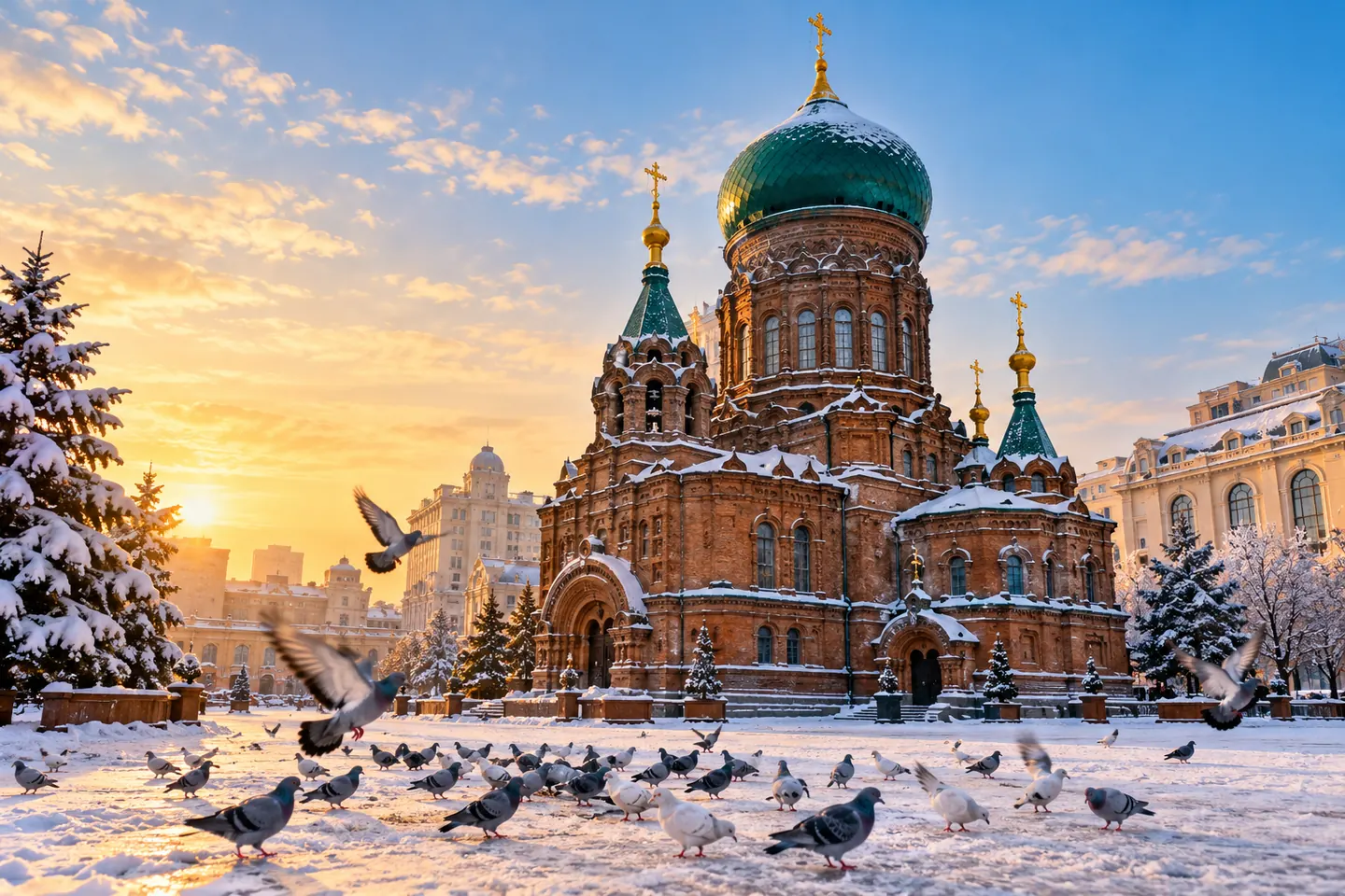 Собор с зелёным куполом-луковицей на снежной площади с голубями