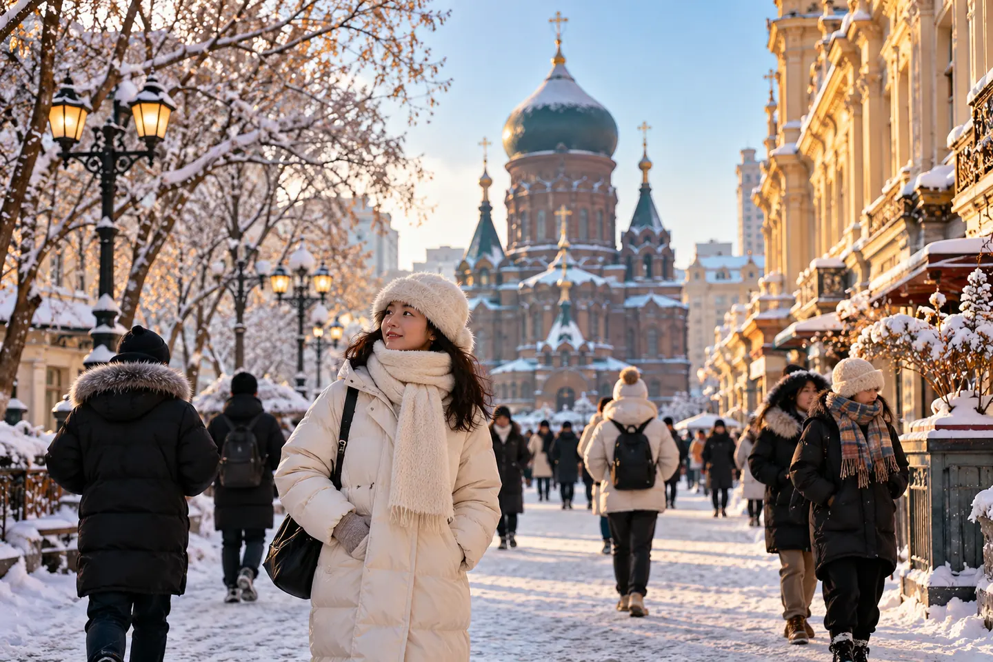 Прохожие в длинных пуховиках и шапках на заснеженной улице