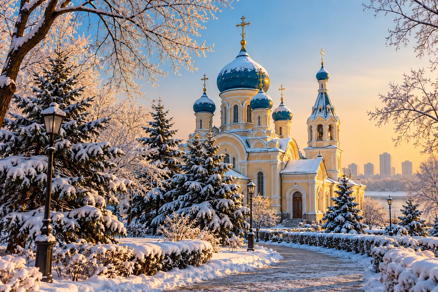 Небольшая православная церковь с голубыми куполами среди зимних деревьев