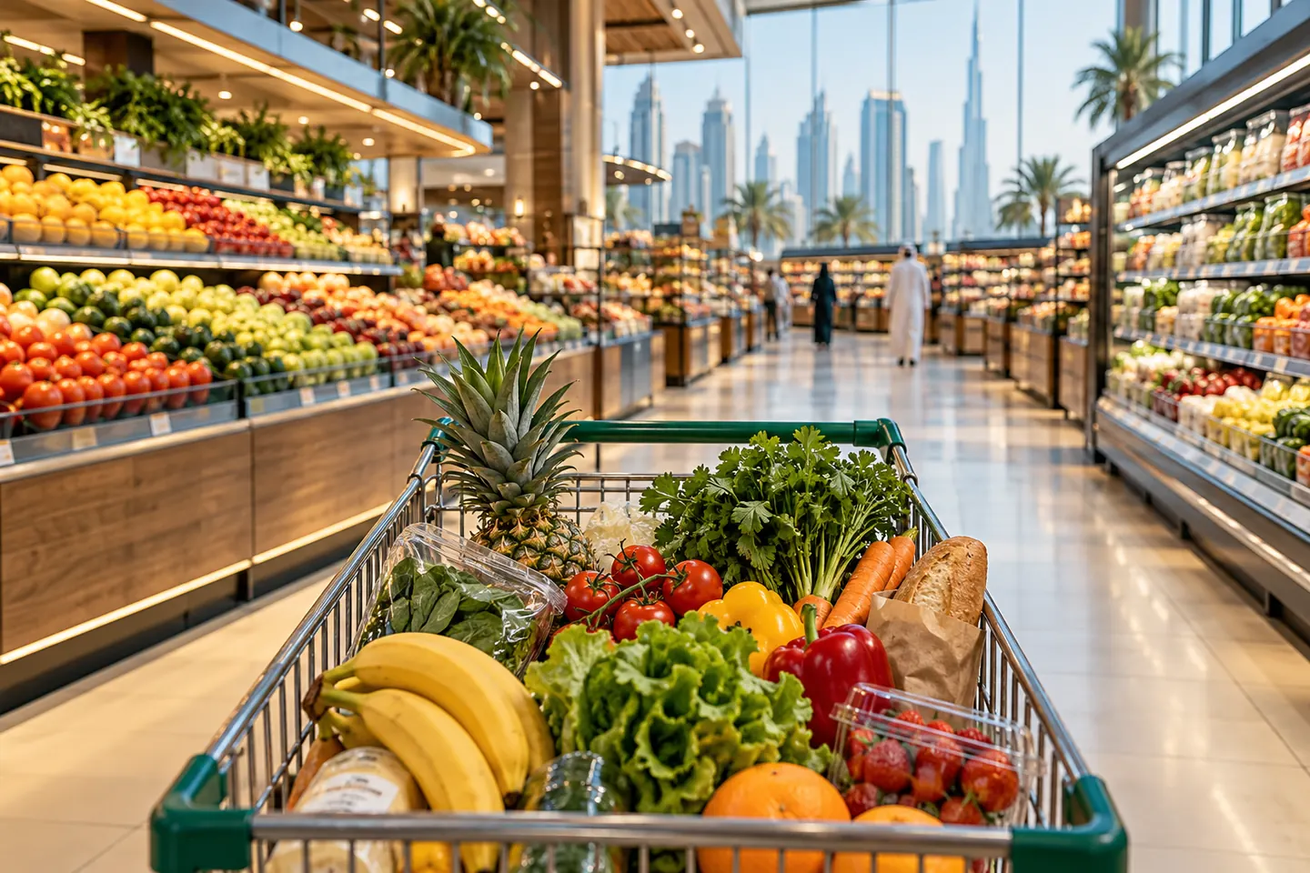 Тележка с продуктами в проходе большого супермаркета