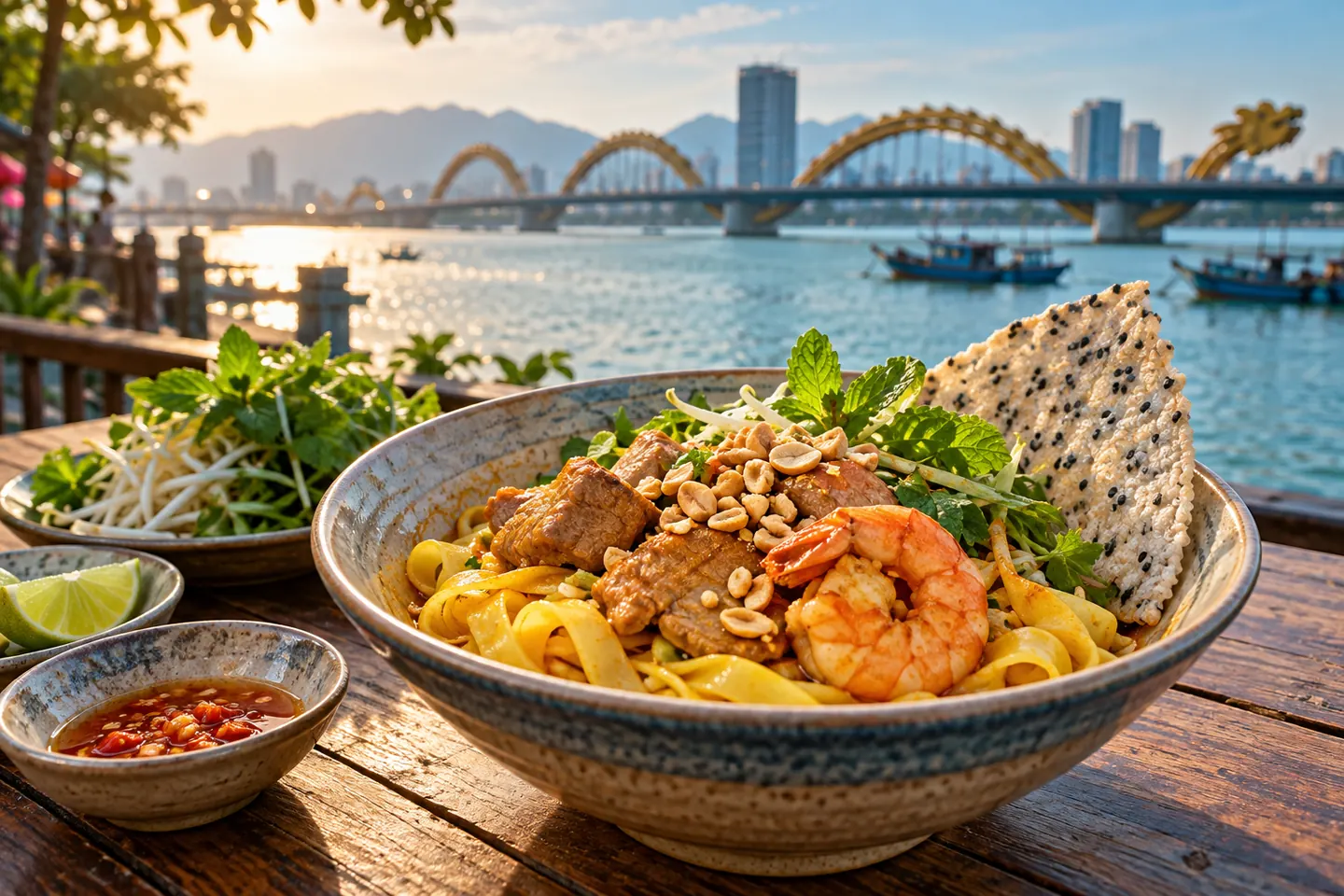 Миска лапши с куркумой, креветками, арахисом и рисовым крекером на деревянном столе