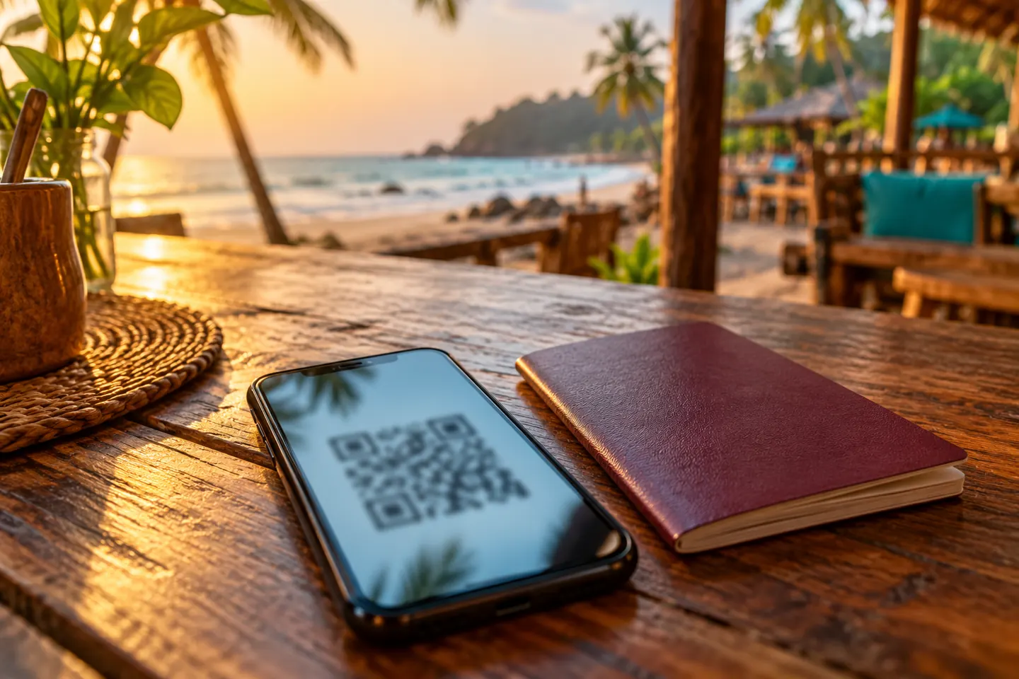Смартфон с размытым QR-кодом на экране рядом с паспортом