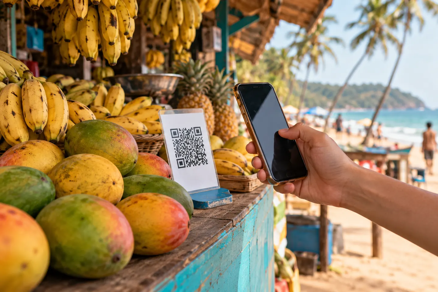 Рука с телефоном у таблички с QR-кодом на прилавке с фруктами
