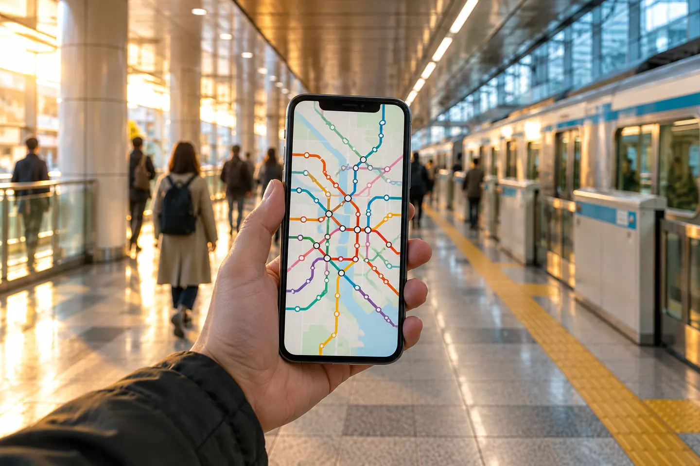 Смартфон с открытой картой метро в руке на фоне светлого перехода станции