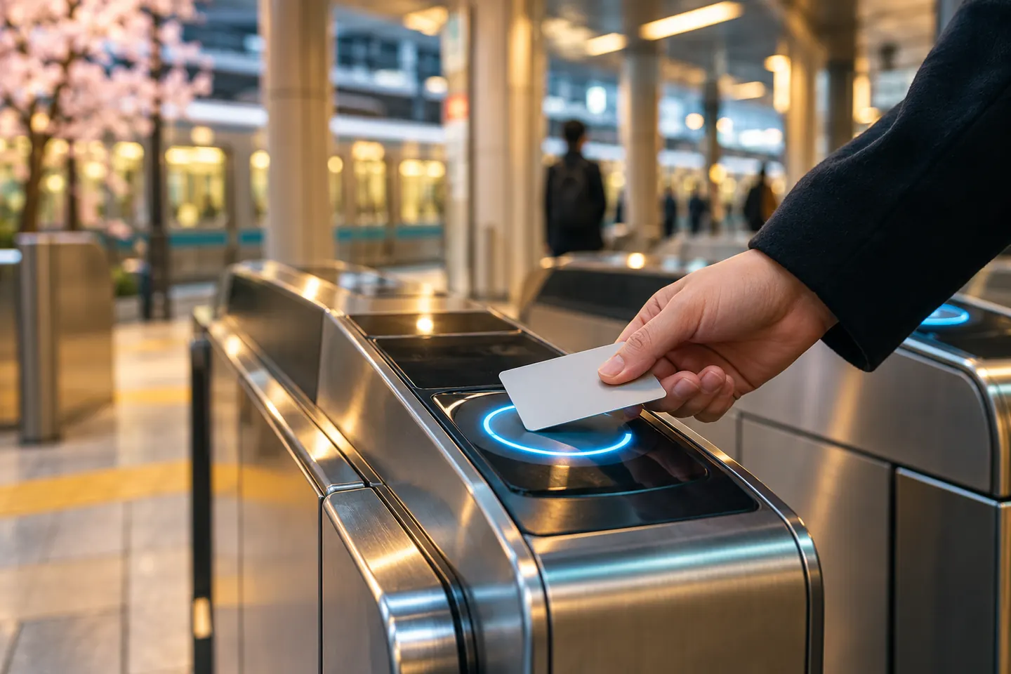 Рука прикладывает транспортную карту к считывателю турникета метро