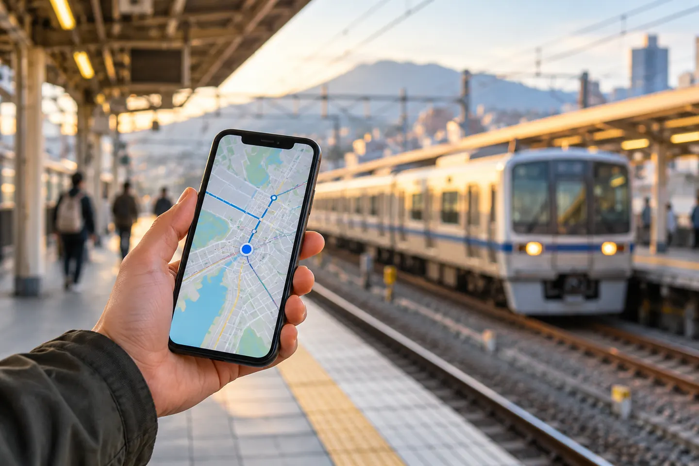 Смартфон с картой на экране в руке путешественника на фоне вокзальной платформы
