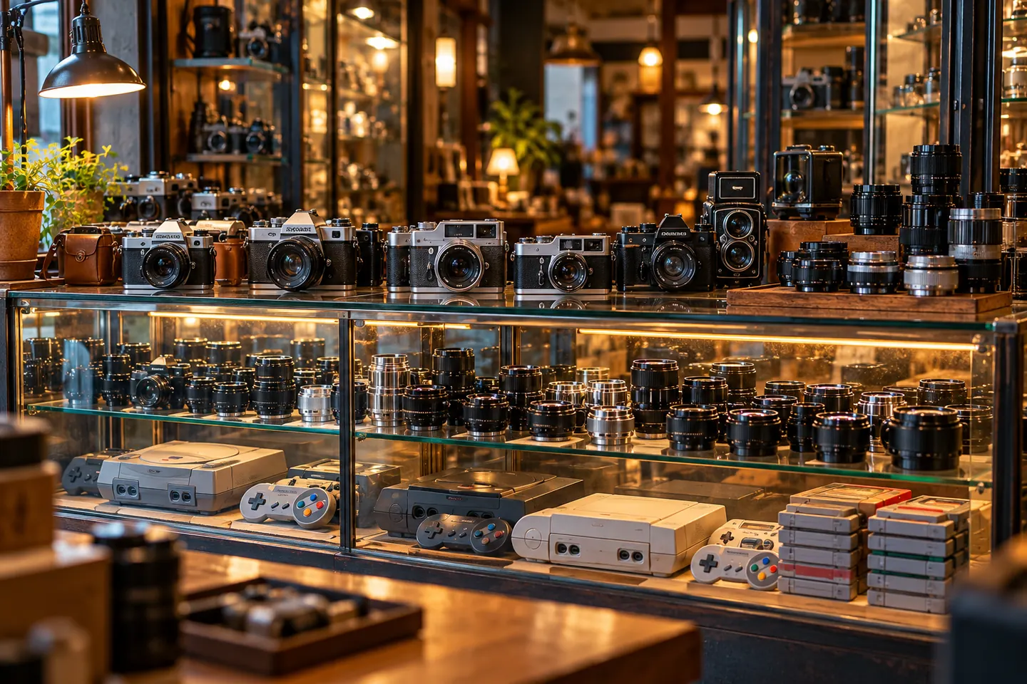 Прилавок с подержанными фотоаппаратами, объективами и старыми консолями
