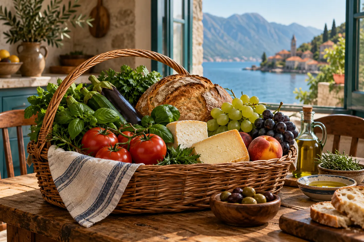 Корзина с овощами, хлебом, сыром и фруктами на кухонном столе