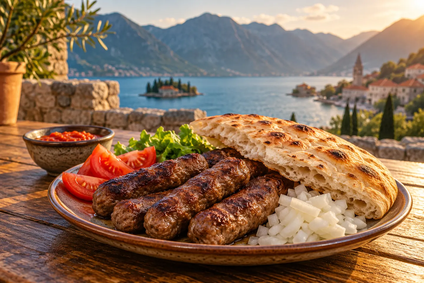 Тарелка с колбасками на гриле, лепёшкой, луком и овощами на деревянном столе