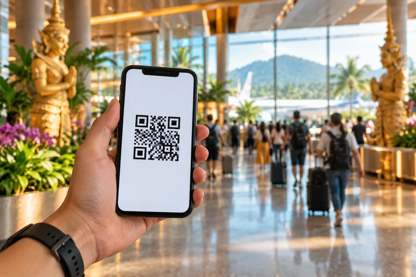 Смартфон с QR-кодом в руке на фоне зала прилёта аэропорта