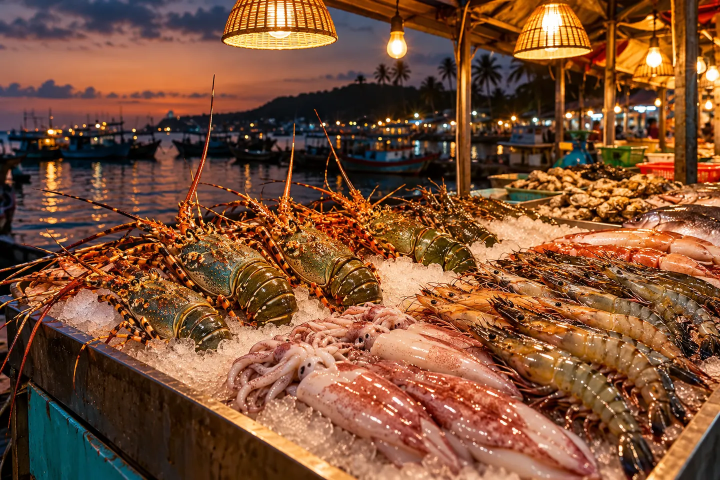 Прилавки ночного рынка с морепродуктами и огнями
