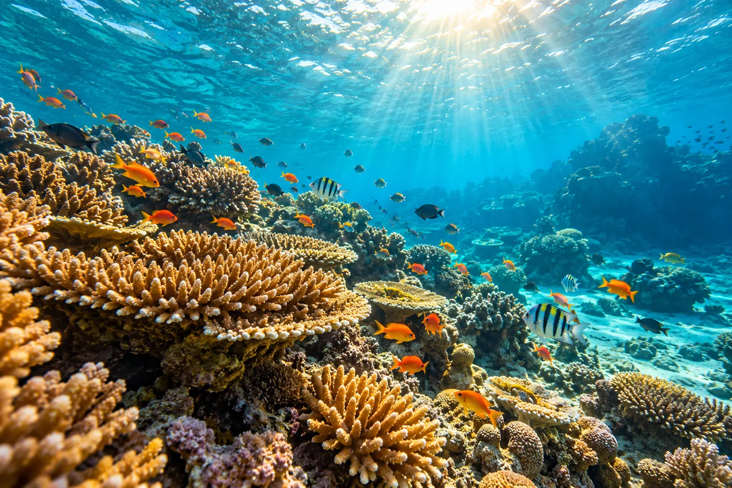 Коралловый риф с рыбами и снорклер на поверхности