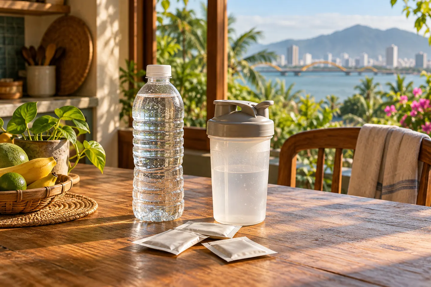 Бутылка воды, пакетики порошка для регидратации и шейкер для спортпита на кухонном столе у окна