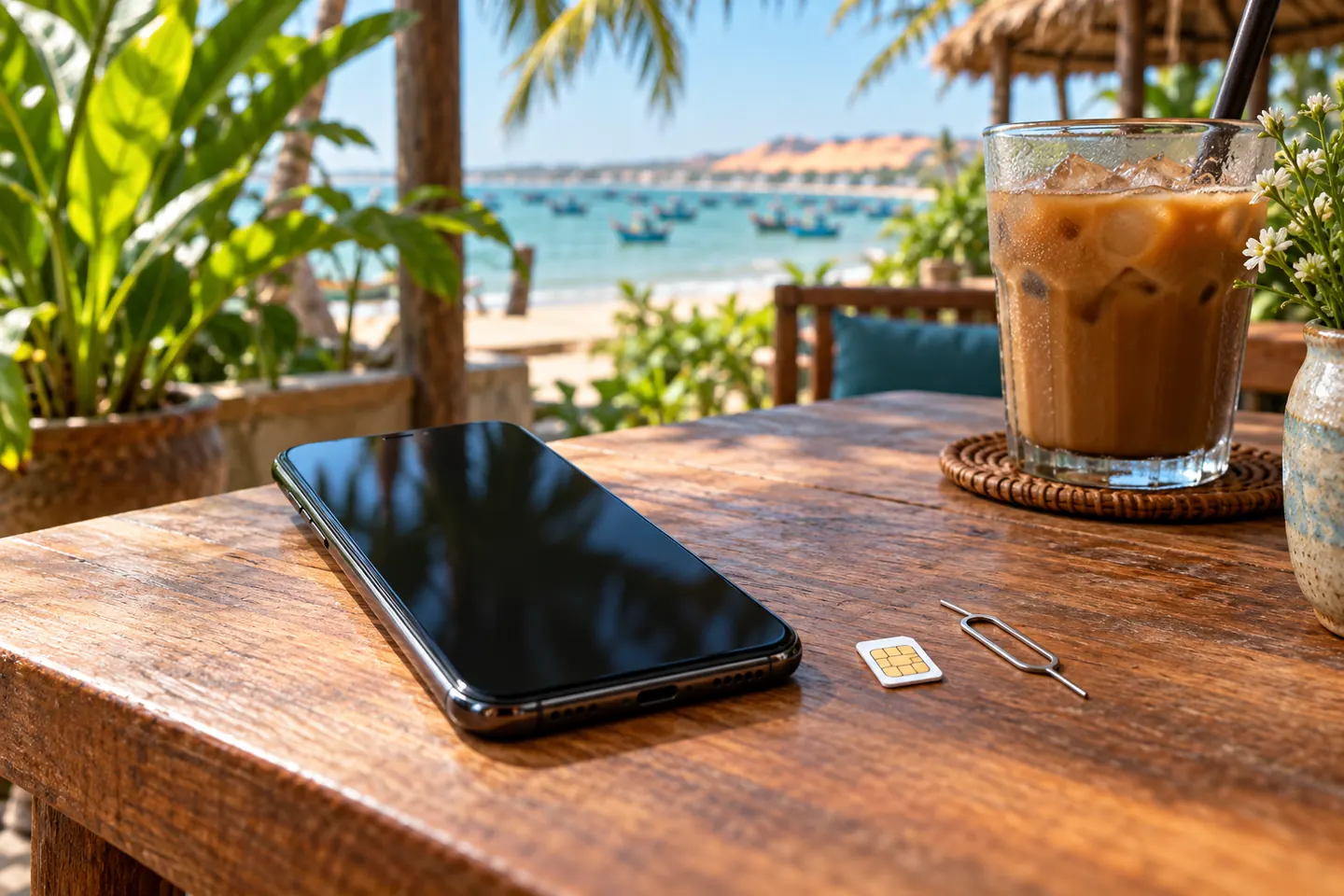 Смартфон без экранных надписей лежит на столе кафе рядом с маленькой SIM-картой и скрепкой для лотка