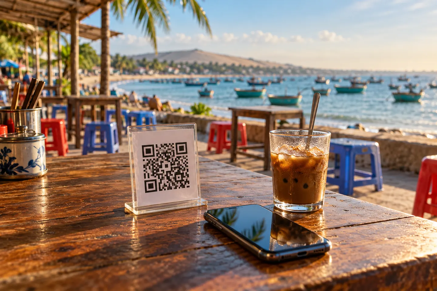 Смартфон рядом с подставкой с QR-кодом на столике уличного кафе у моря