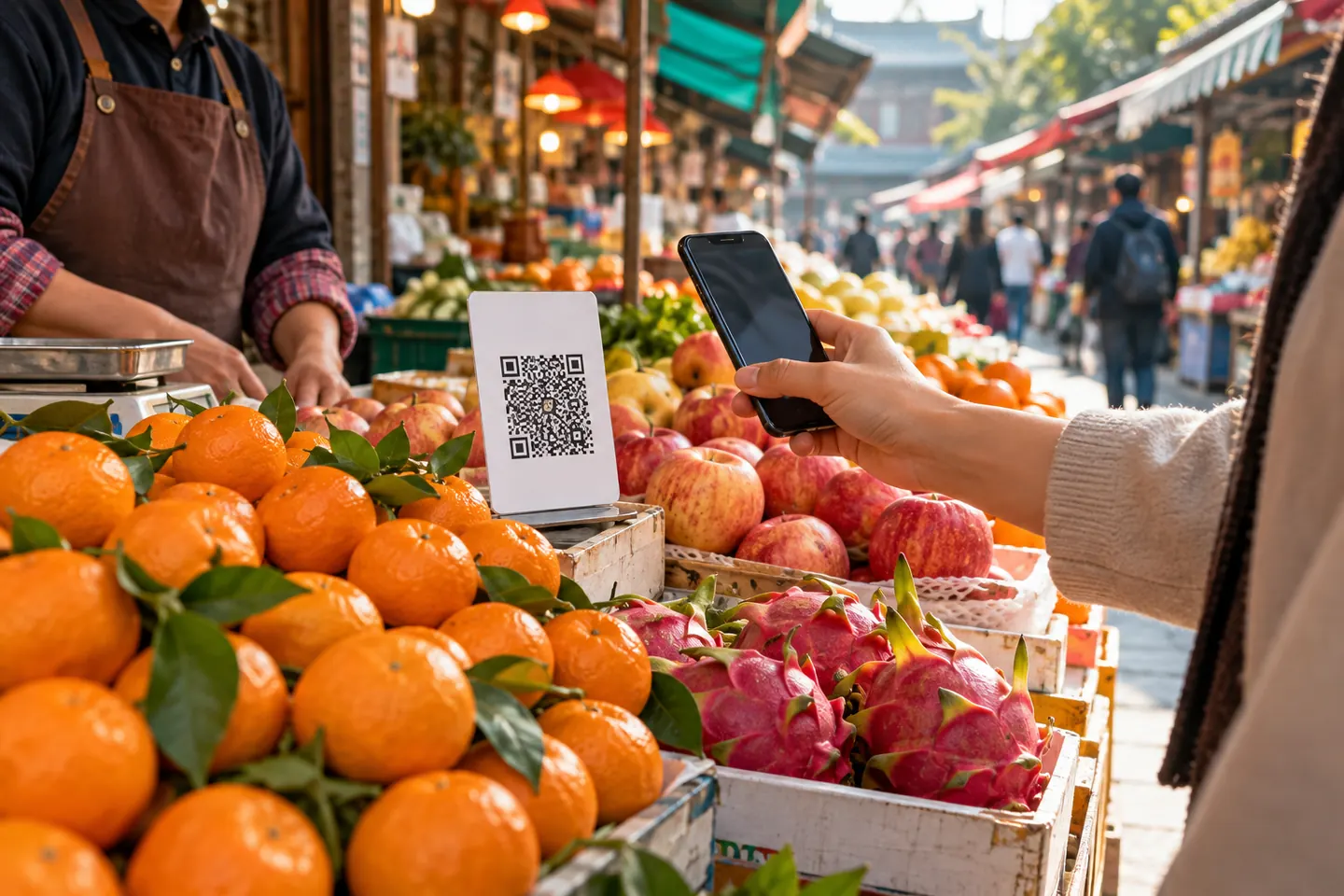 Покупатель подносит смартфон к QR-коду на прилавке фруктовой лавки