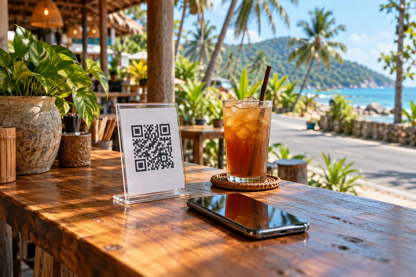 Смартфон рядом с подставкой с абстрактным QR-кодом на деревянном прилавке тропического кафе