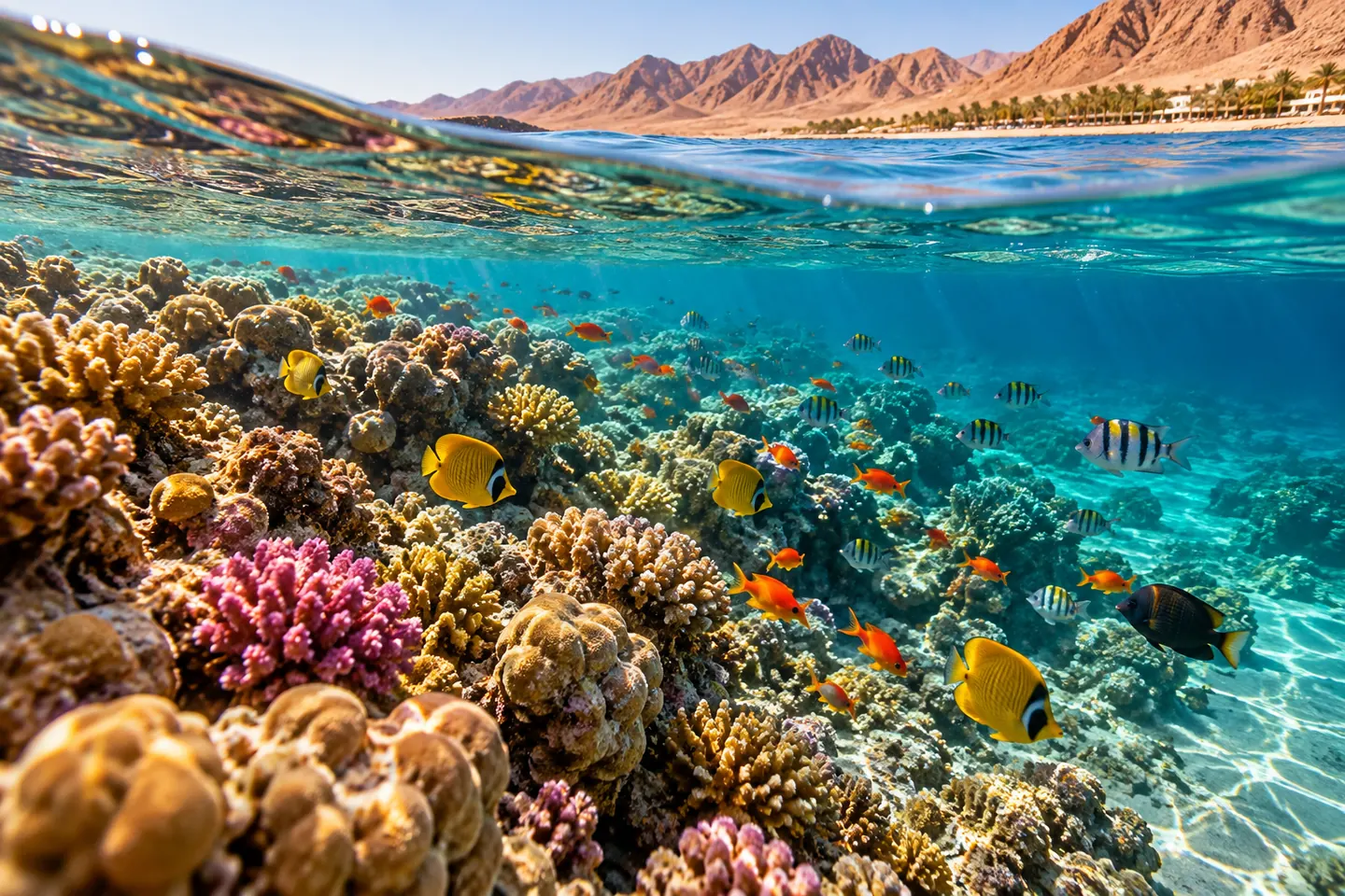 Коралловый риф с яркими рыбами у поверхности прозрачной воды